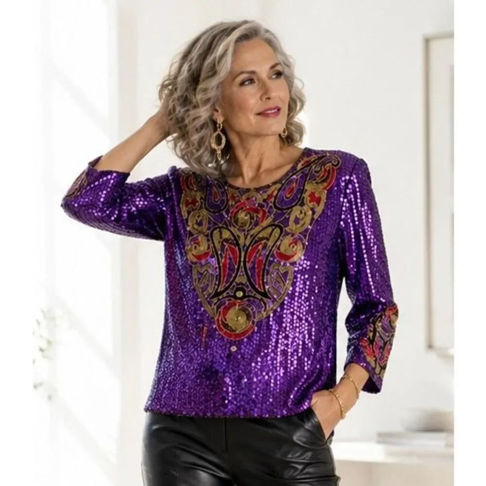 Vintage Flagg Etc Sequin Beaded Silk Top Blouse  Women’s 2X